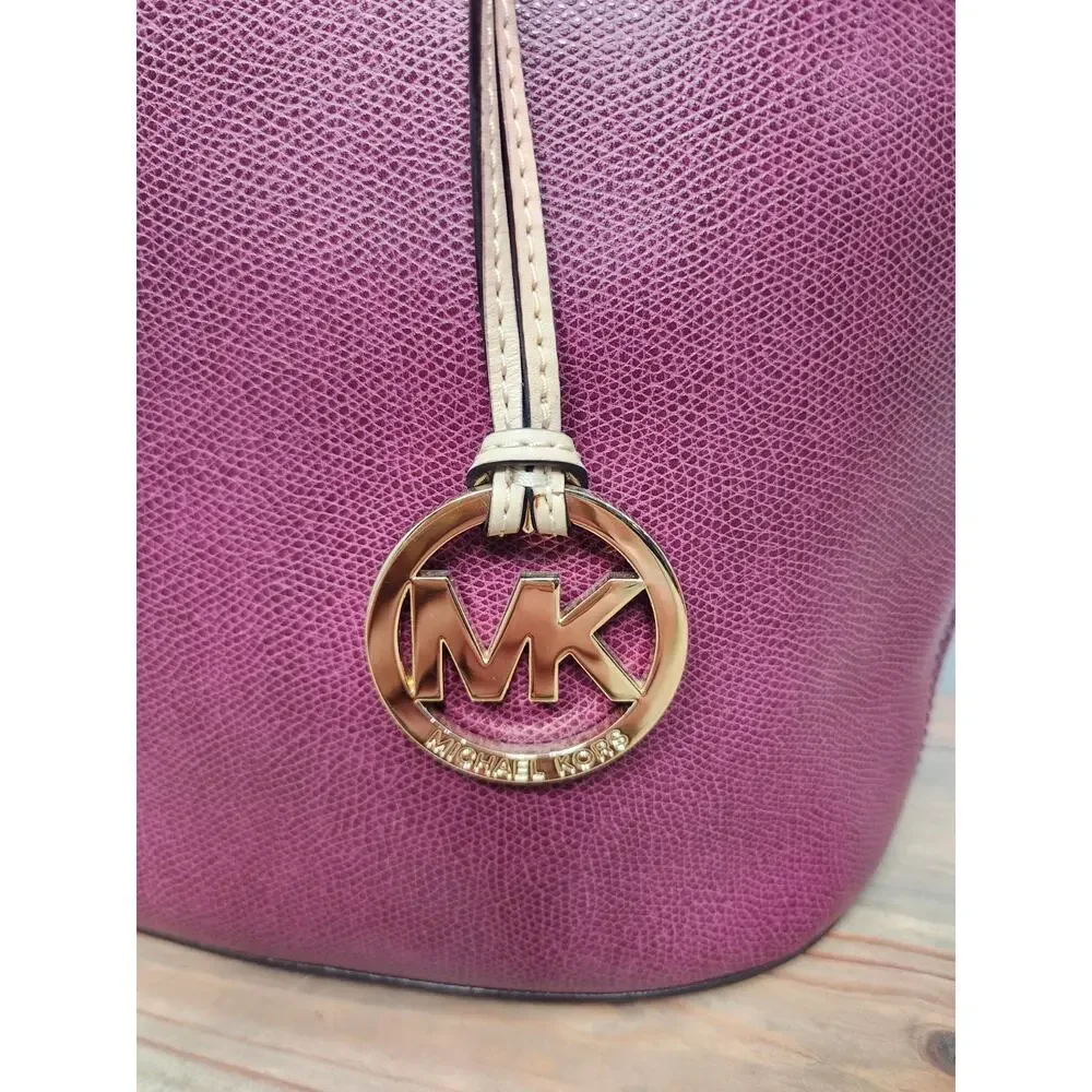Michael Kors Burgundy Tote Shoulder Bag Gold Hardware Logo Charm Beige Straps